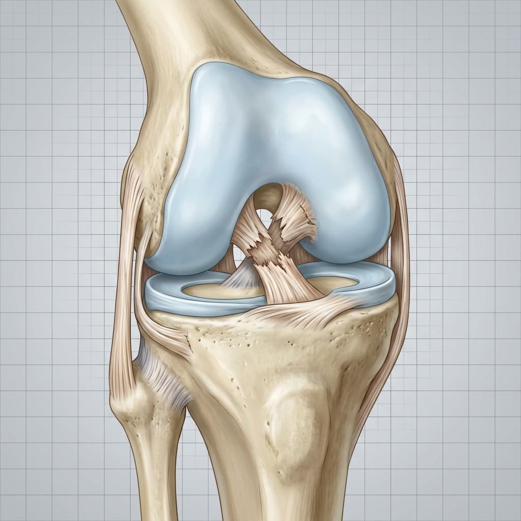 Diagram showing an anterior cruciate ligament tear inside the center of the knee joint.