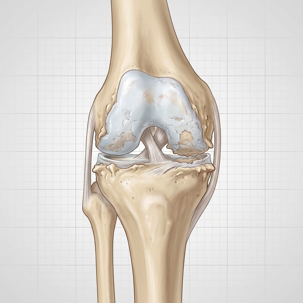 Diagram of a knee joint with osteoarthritis, highlighting loss of articular cartilage, joint space narrowing, and bone spurs.