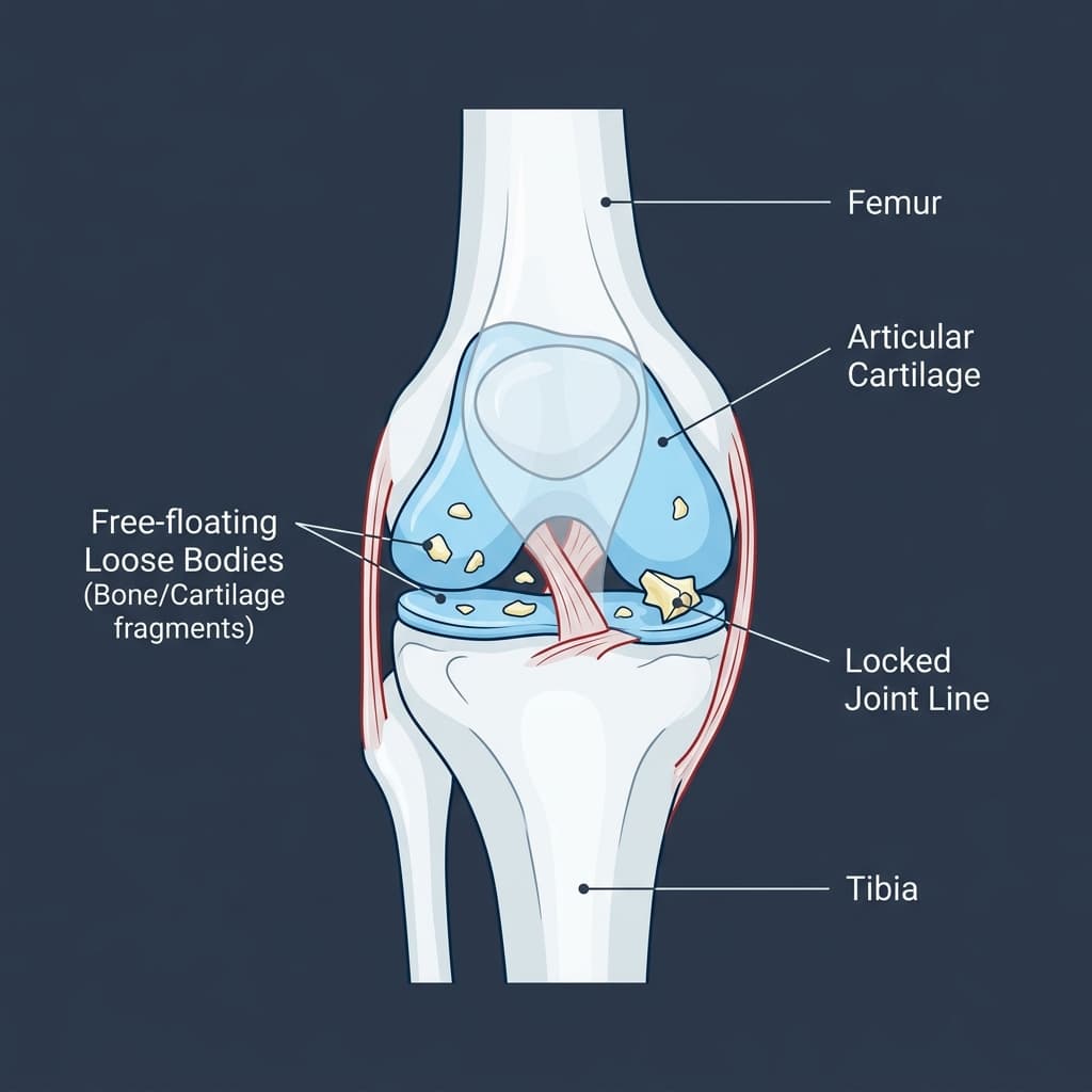 Anterior diagram of a knee joint showing small free-floating fragments of bone or cartilage, including one wedged at the joint line.