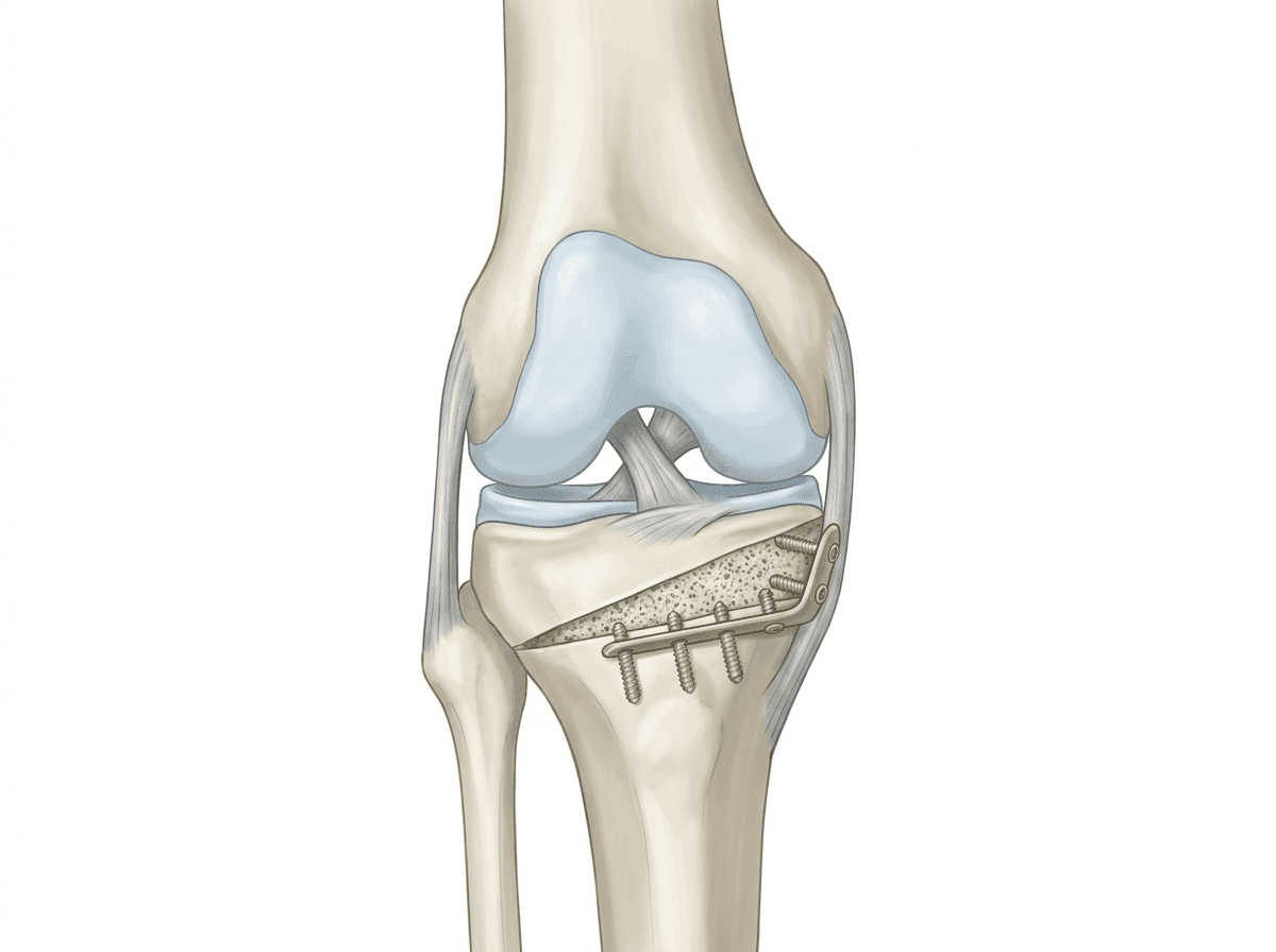 Medical illustration of a high tibial osteotomy showing an angular bone wedge opened in the upper tibia and secured with a titanium locking plate and screws to correct varus knee alignment.