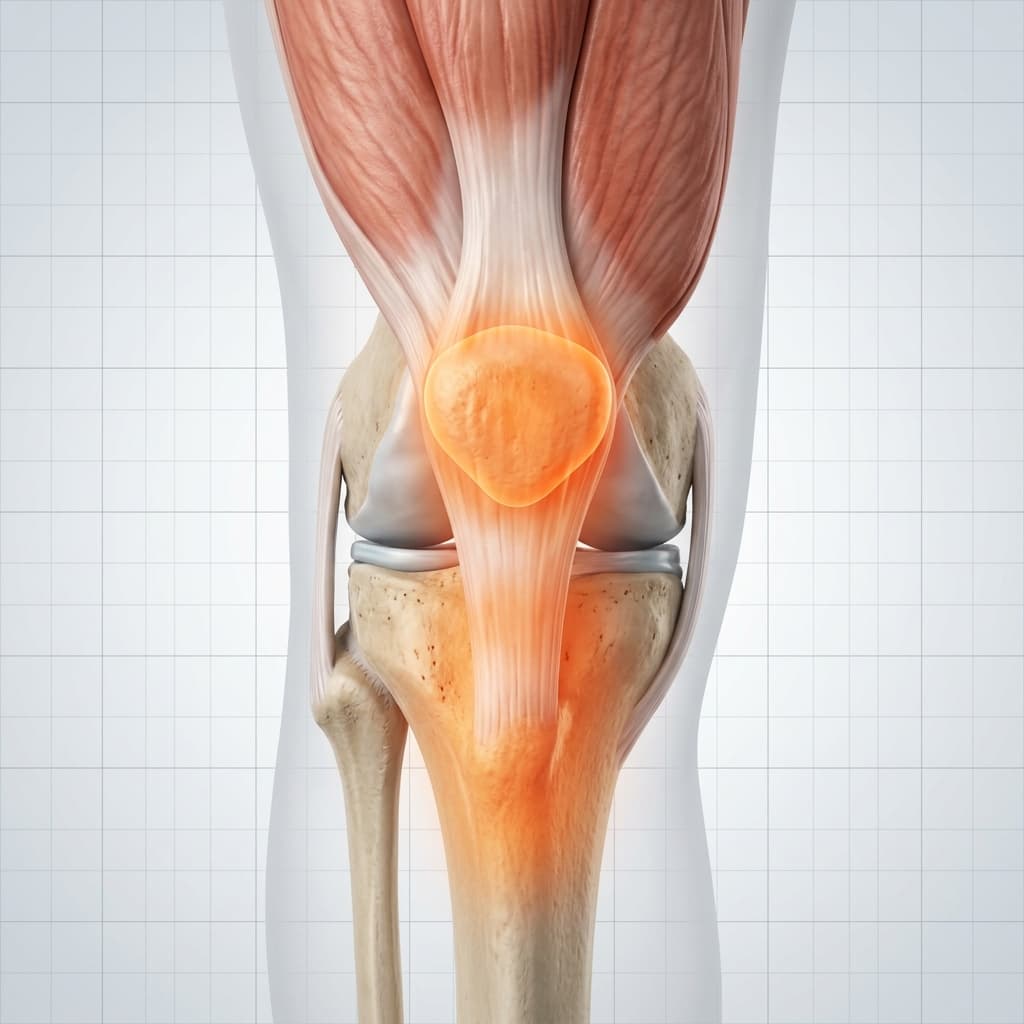 Anterior view of the knee joint with the patella and patellar tendon highlighted in orange, showing pain zones.