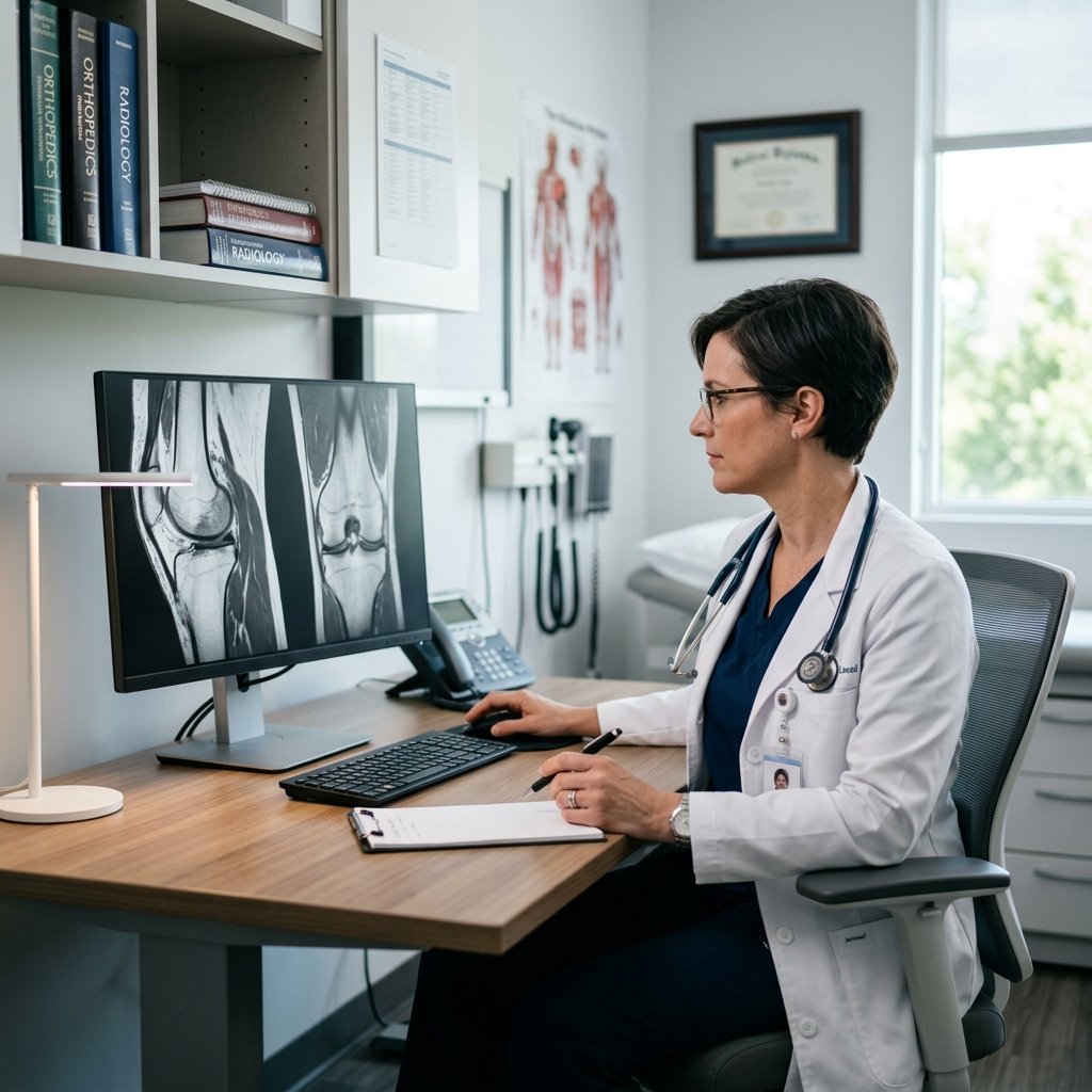 Real photo of an orthopedic surgeon reviewing a high-resolution knee MRI scan on a computer screen.